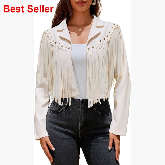 Faux Suede Leather Fringe Jacket with Rivets Cropped Western Style